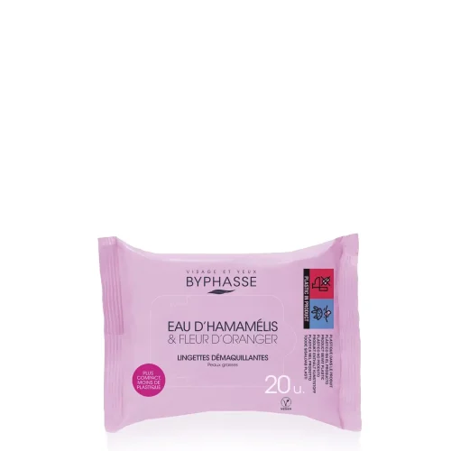 LINGETTES DEMAQUILLANTES PEAUX GRASSES A L&rsquo;EAU D&rsquo;HAMAMELIS ET FLEUR D&rsquo;ORANGER BYPHASSE 20U